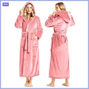 Plush Fleece Hooded Bathrobe, Long Spa Robe, Medium